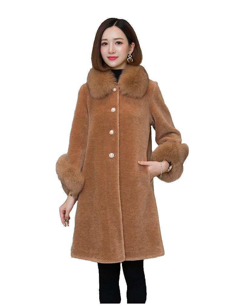 "Prato" Manteau femme mi long en laine avec colle et poignées en fourrure véritable