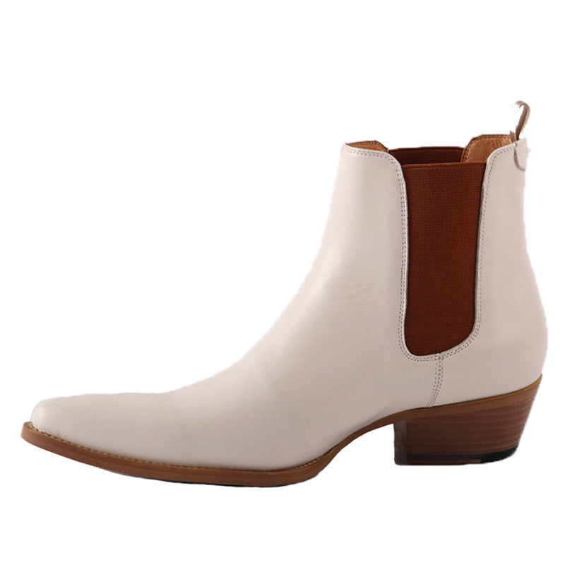 Bottes Chelsea Homme en Cuir Véritable – Bout Pointu Élégant, coloris blanc cassé, vue de coté.