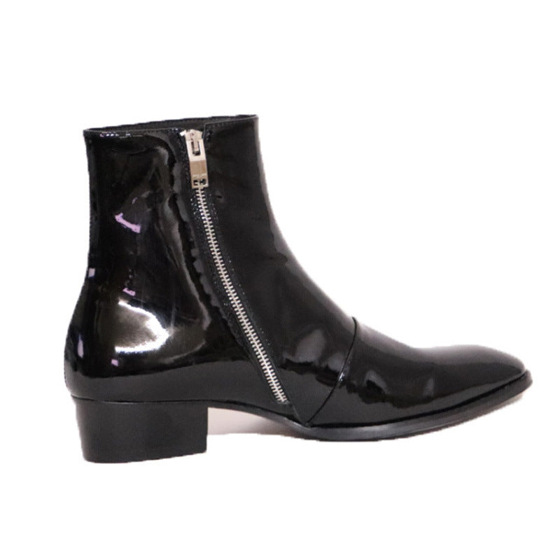Bottes Chelsea Noir Homme en Cuir Verni Véritable avec Fermeture Éclair Latérale et Bout Pointu, vue de coté droit