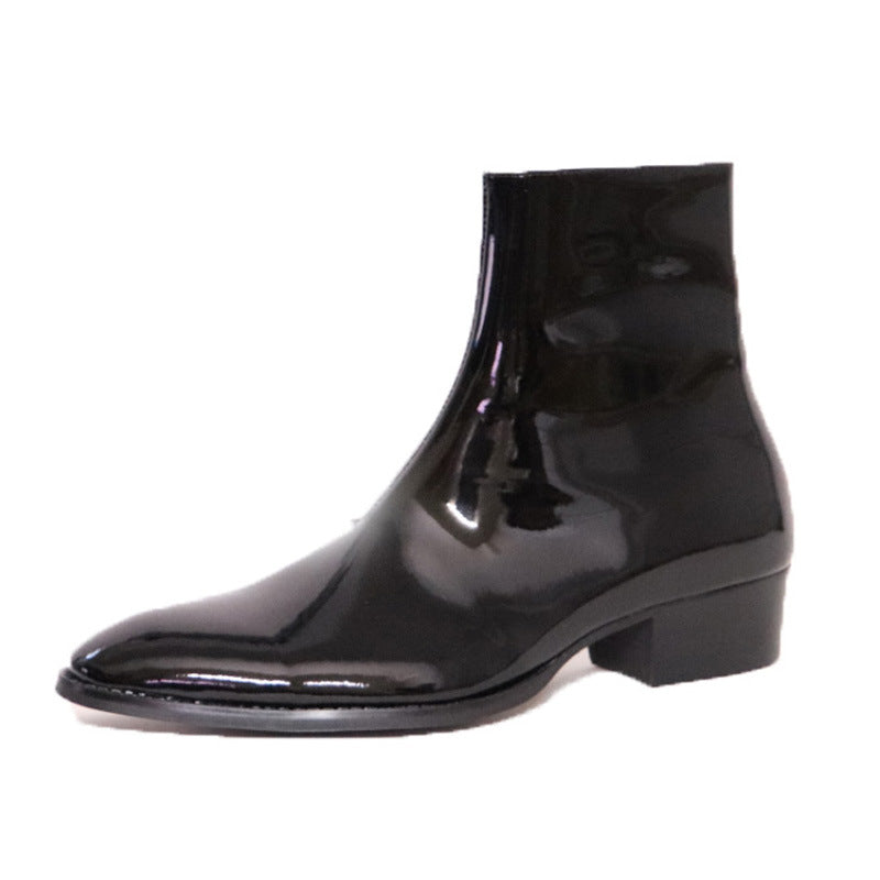 Bottes Chelsea Noir Homme en Cuir Verni Véritable avec Fermeture Éclair Latérale et Bout Pointu, vue de coté gauche
