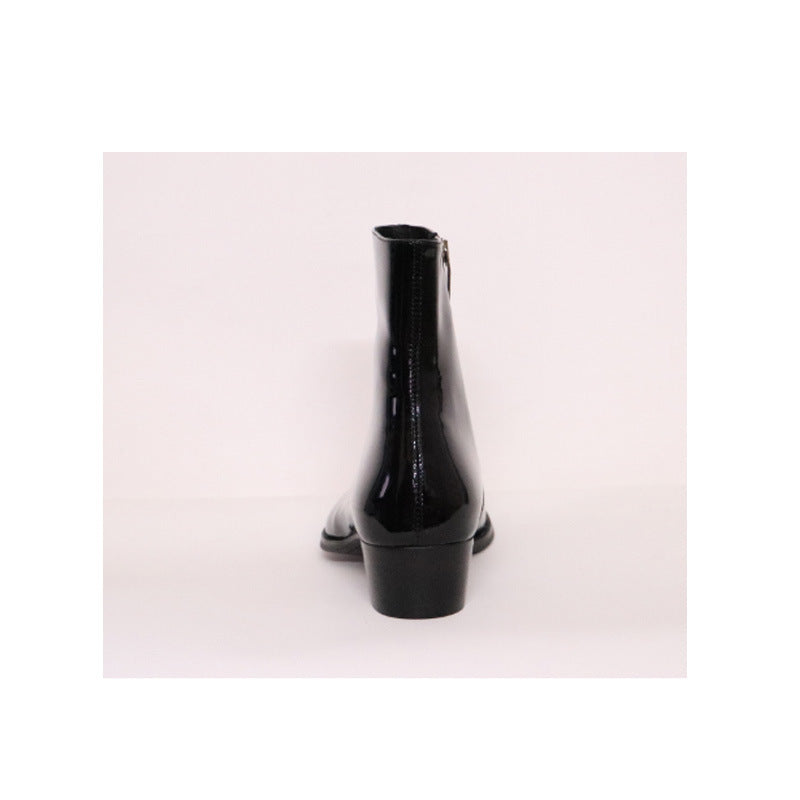 Bottes Chelsea Noir Homme en Cuir Verni Véritable avec Fermeture Éclair Latérale et Bout Pointu, vue de dos