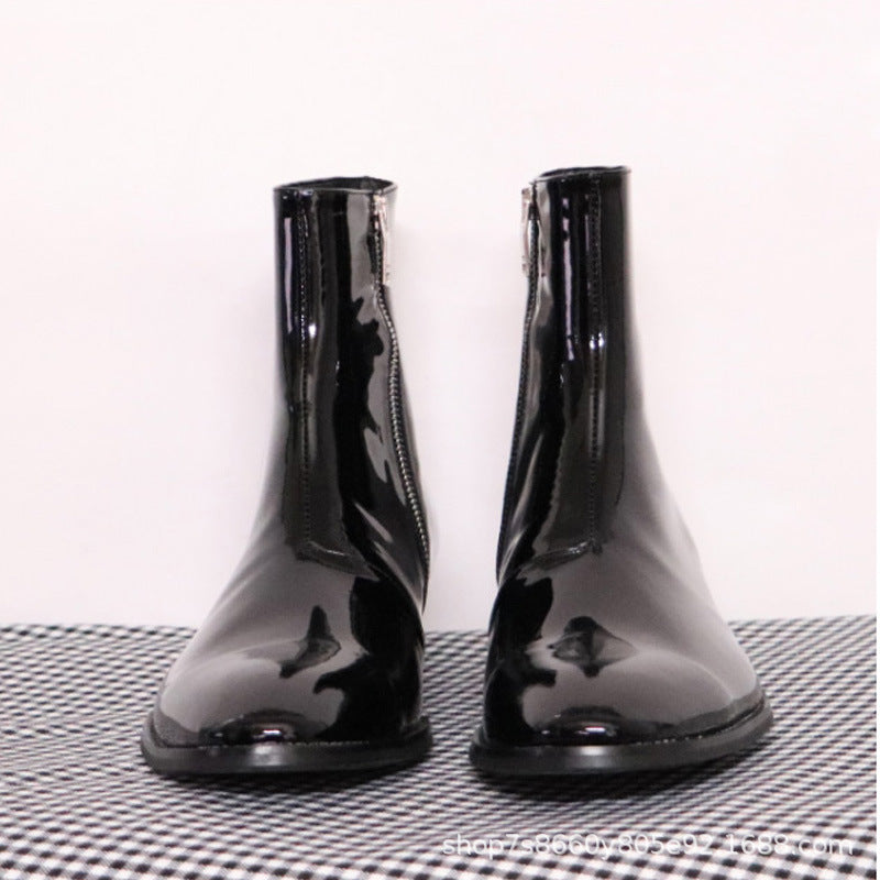 Bottes Chelsea Noir Homme en Cuir Verni Véritable avec Fermeture Éclair Latérale et Bout Pointu, vue frontale