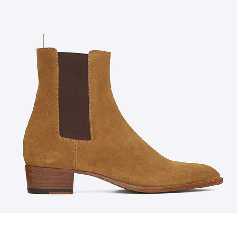  Bottes Chelsea en cuir véritable pleine fleur à talon carré, coloris brun et marron, vue de coté 