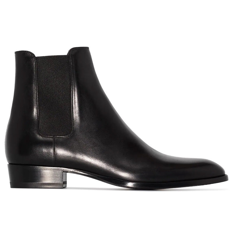 Bottes Chelsea noir pour hommes en cuir véritable et bout pointu, vue de coté
