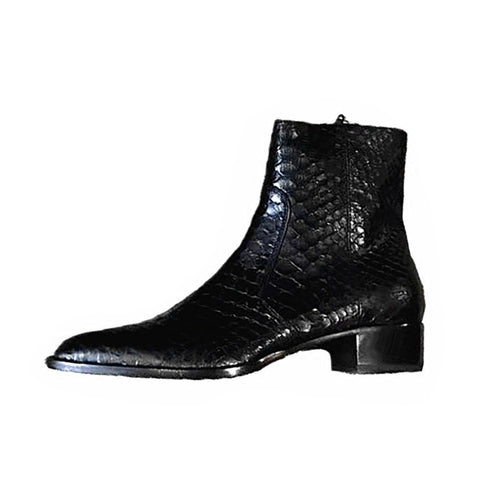 Bottes Chelsea noires en cuir effet serpent avec fermeture éclair latérale et bout amande.