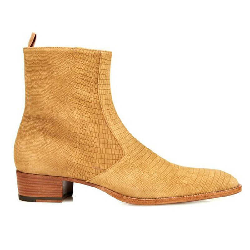 Bottes Chelsea style western en cuir suédé véritable couleur orange ocre à bout pointu, vue de coté
