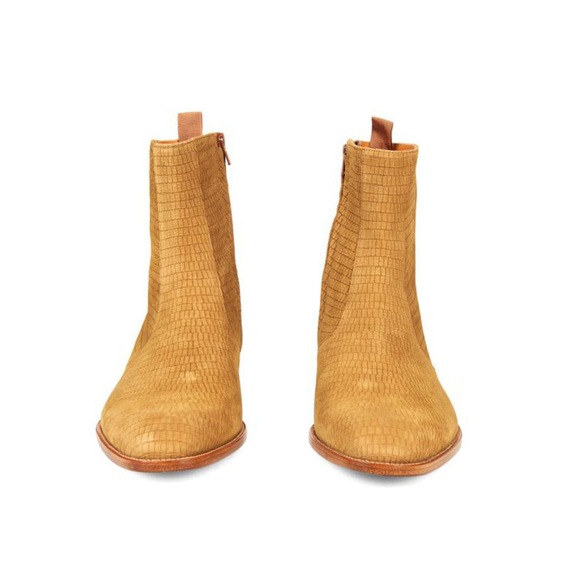 Bottes Chelsea style western en cuir suédé véritable couleur orange ocre à bout pointu, vue frontale