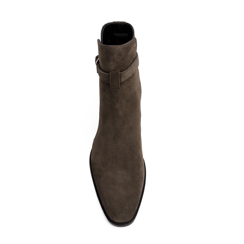  Bottes brun foncé en cuir véritable daim avec ceinture à boucle et bout amande, vue frontale