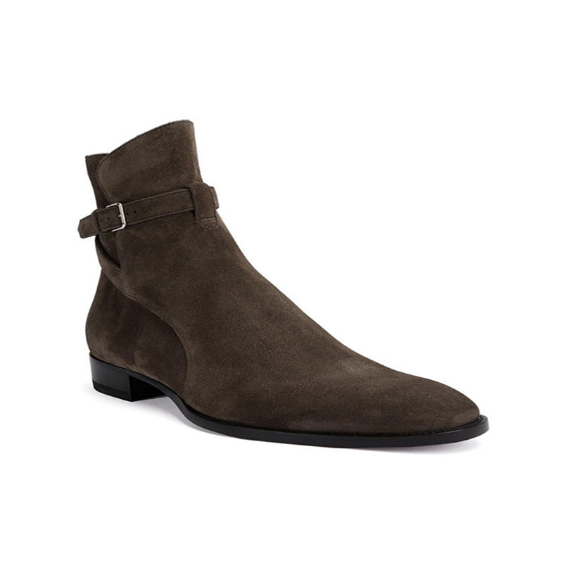  Bottes brun foncé en cuir véritable daim avec ceinture à boucle et bout amande, vue latéral