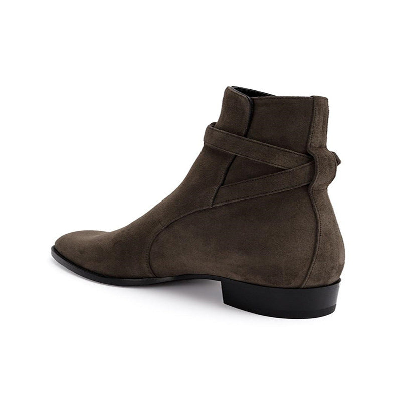  Bottes brun foncé en cuir véritable daim avec ceinture à boucle et bout amande, vue latéral de l'arrière