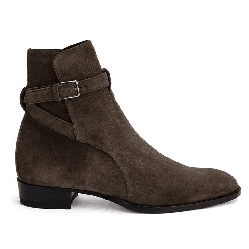  Bottes brun foncé en cuir véritable lisse avec ceinture à boucle et bout amande, vue de coté