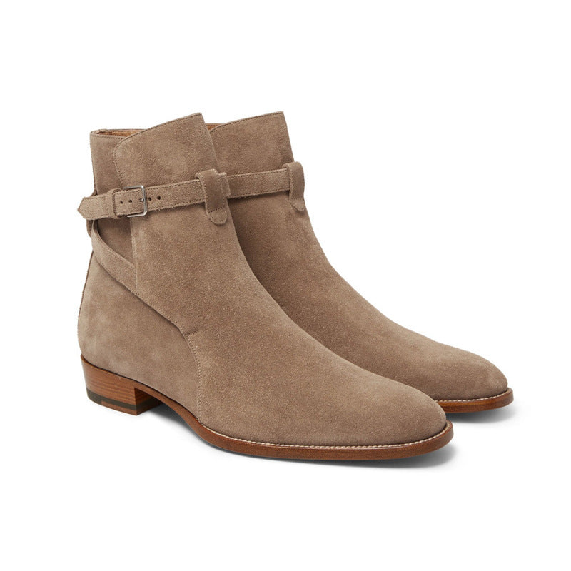  Bottes camel en cuir véritable daim avec ceinture à boucle et bout amande, vue latéral