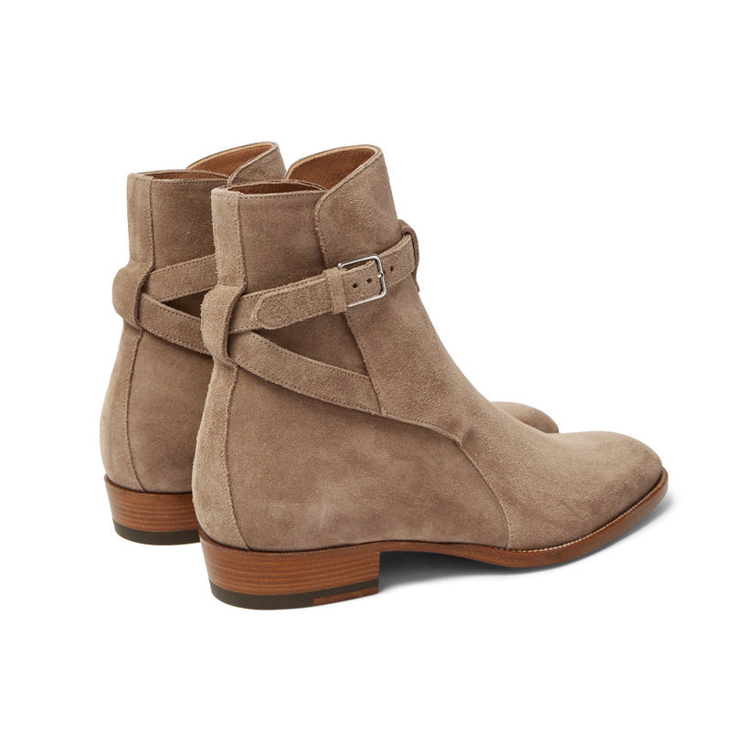  Bottes camel en cuir véritable daim avec ceinture à boucle et bout amande, vue latéral de l'arrière 