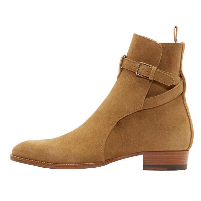  Bottes caramel en cuir véritable daim avec ceinture à boucle et bout amande