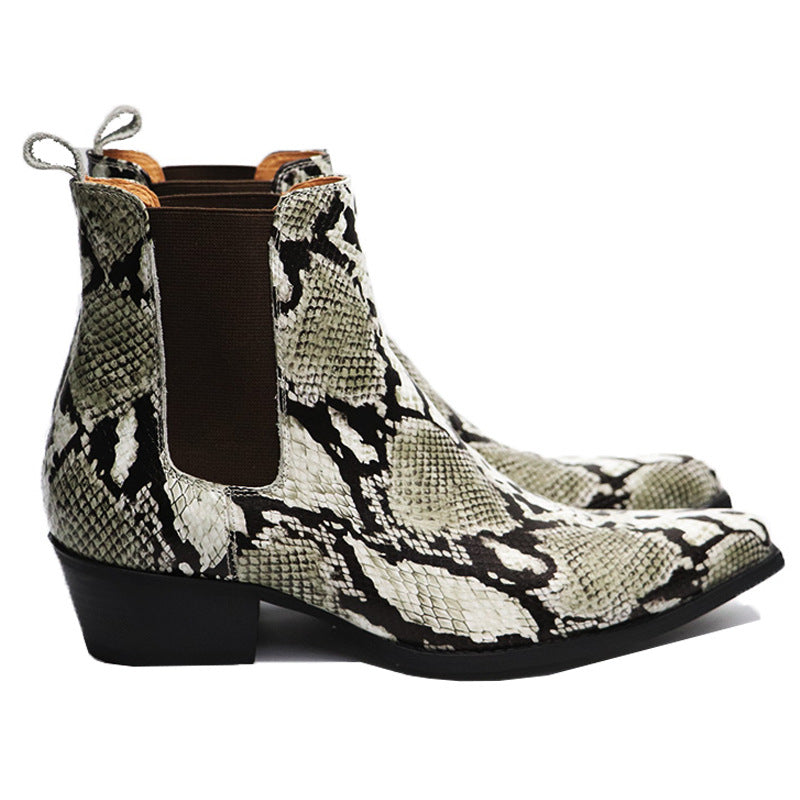  Bottes chelsea en cuir véritable effet serpent à bout pointu et talon bloc, vue de coté