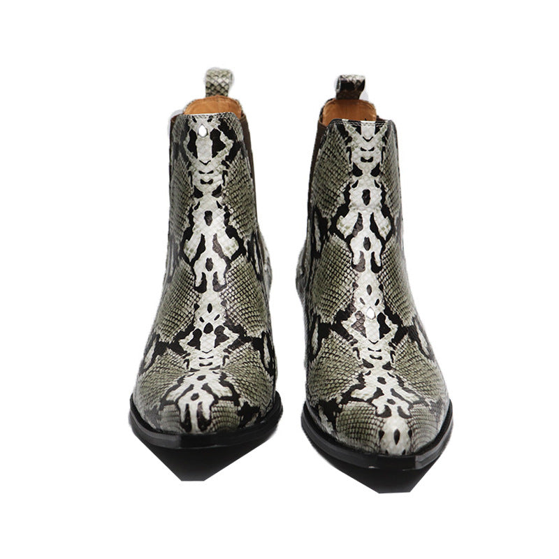  Bottes chelsea en cuir véritable effet serpent à bout pointu et talon bloc, vue frontale