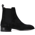 Bottes chelsea noir en cuir suédé  véritable avec bout amande et talon bas, vue de coté