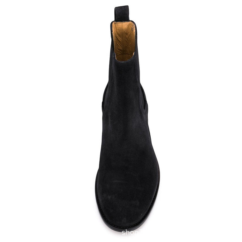 Bottes chelsea noir en cuir suédé  véritable avec bout amande et talon bas, vue frontale