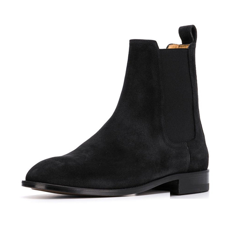 Bottes chelsea noir en cuir suédé  véritable avec bout amande et talon bas, vue latéral