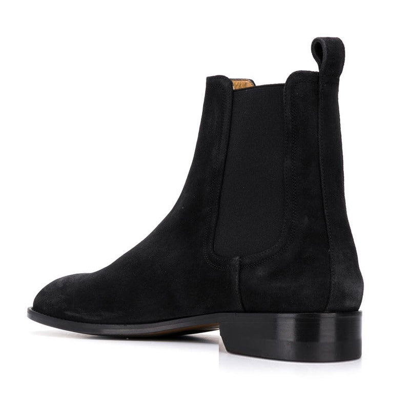 Bottes chelsea noir en cuir suédé  véritable avec bout amande et talon bas, vue latéral de l'arrière