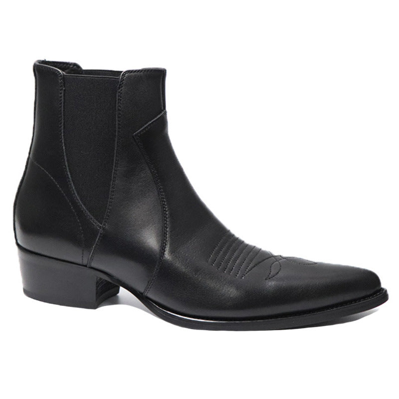 Bottes chelsea noir en cuir vachette véritable à bout pointu et talon cubain, vue de coté
