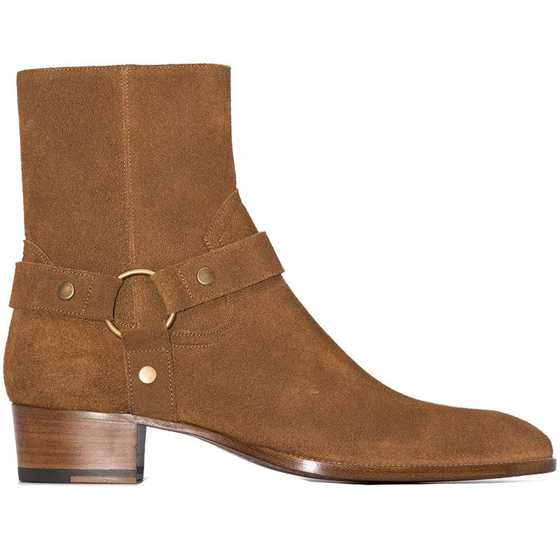 Bottes cowboy camel en cuir de daim à bout pointu avec boucle sur le côté, vue de coté