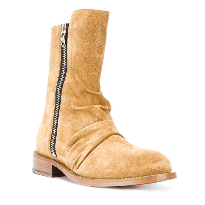 "Positano" Bottes Zippées homme en daim avec fermeture éclair latérale et bout arrondi , talon bas