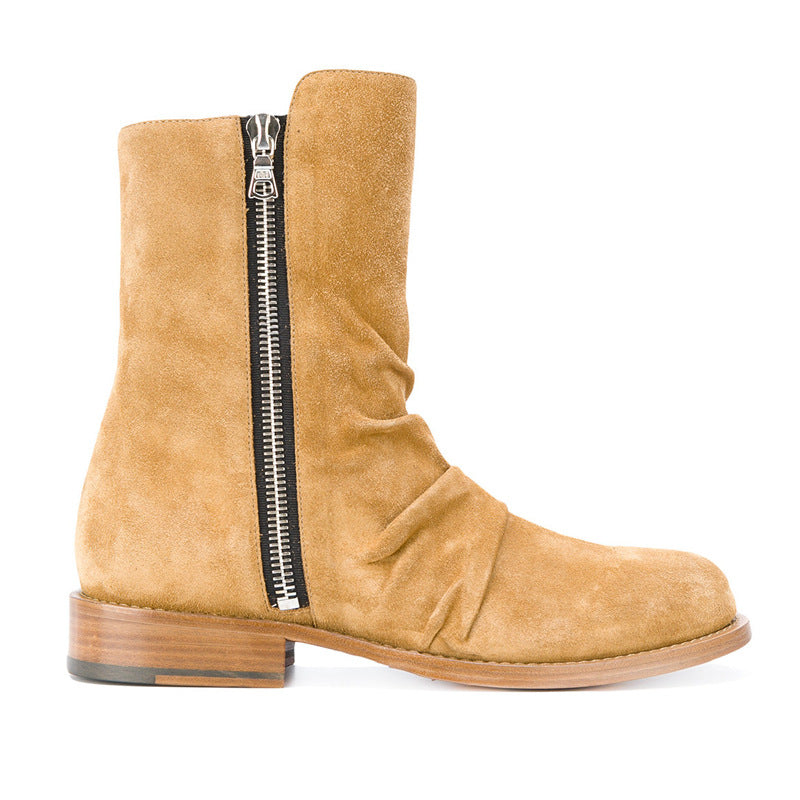 "Positano" Bottes Zippées homme en daim avec fermeture éclair latérale et bout arrondi , talon bas