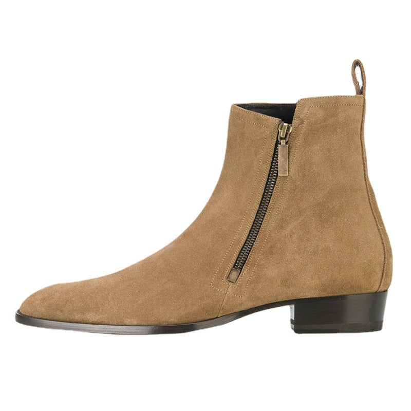 Bottes kaki homme à talon carré avec fermeture éclair extérieure