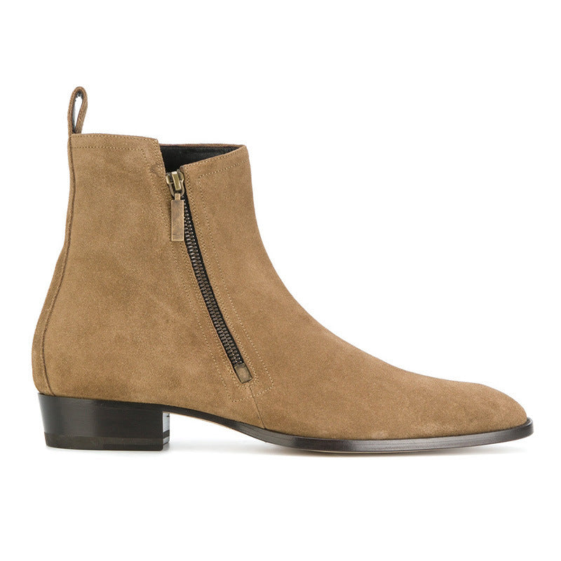 Bottes kaki homme à talon carré avec fermeture éclair extérieure, vue de coté
