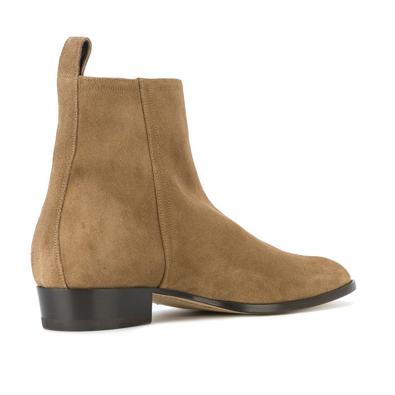 Bottes kaki homme à talon carré avec fermeture éclair extérieure, vue latéral