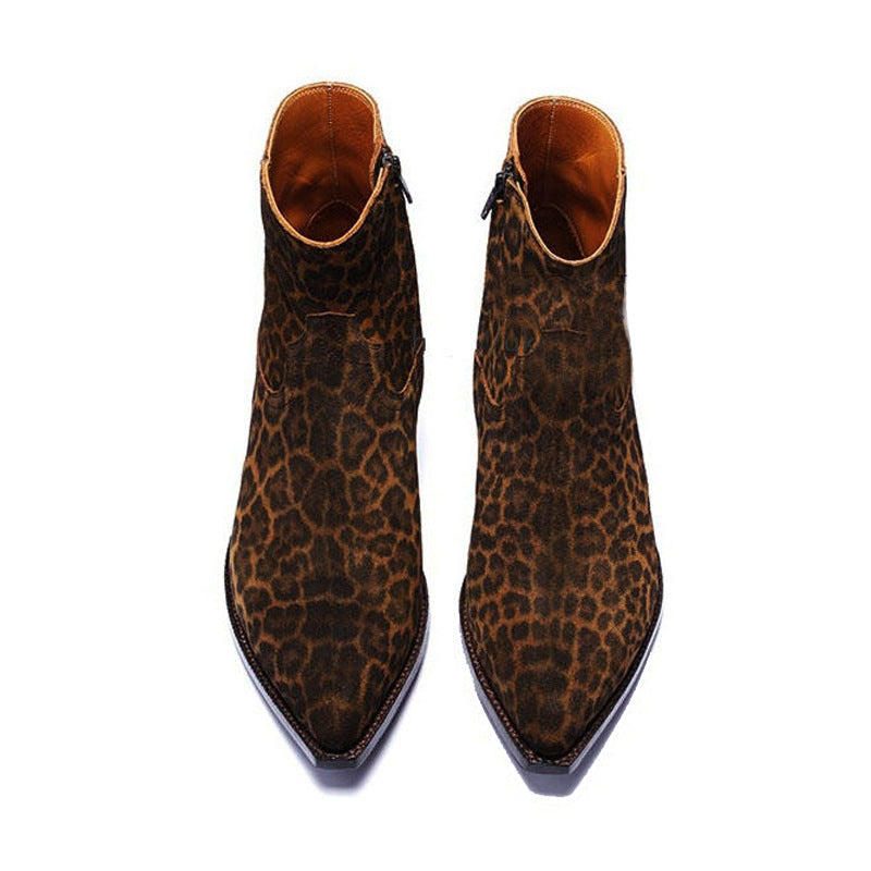 Bottes léopard en cuir véritable à bout pointu avec fermeture éclair extérieure, vue frontale