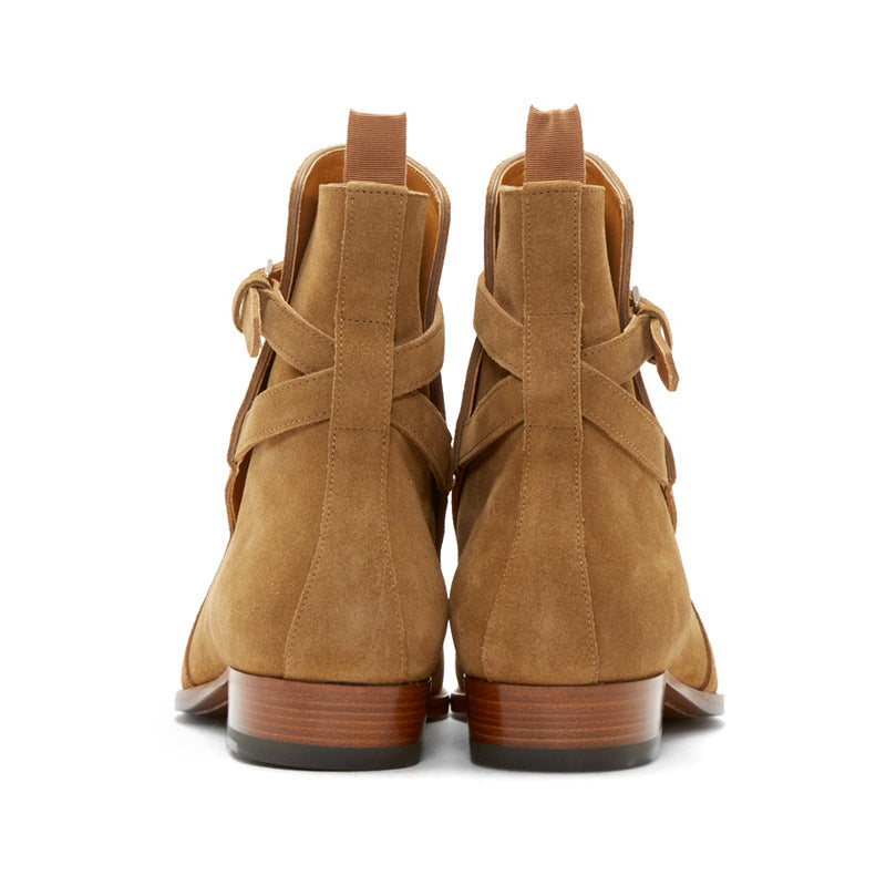  Bottes marron en cuir véritable daim avec ceinture à boucle et bout amande, vue de dos