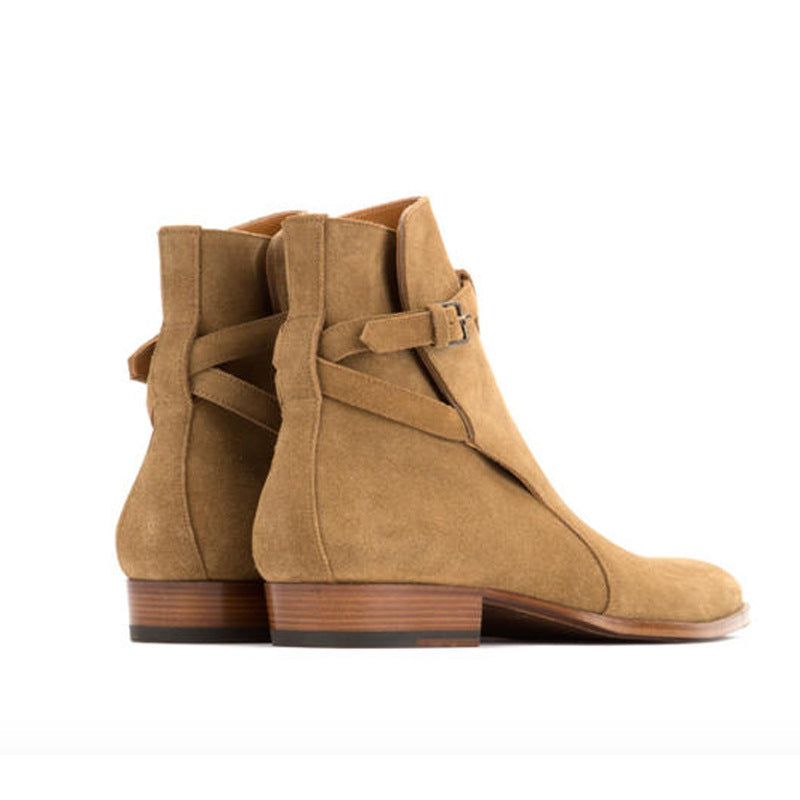  Bottes marron en cuir véritable daim avec ceinture à boucle et bout amande, vue  latéral de l'arrière