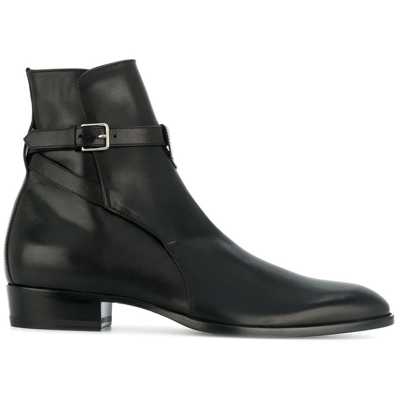 Bottes noir en cuir véritable lisse avec une bride de cheville et bout amande, vue de coté