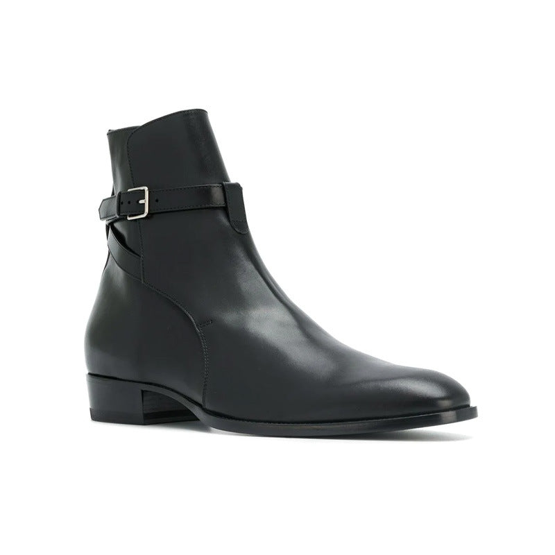 Bottes noir en cuir véritable lisse avec une bride de cheville et bout amande, vue latéral