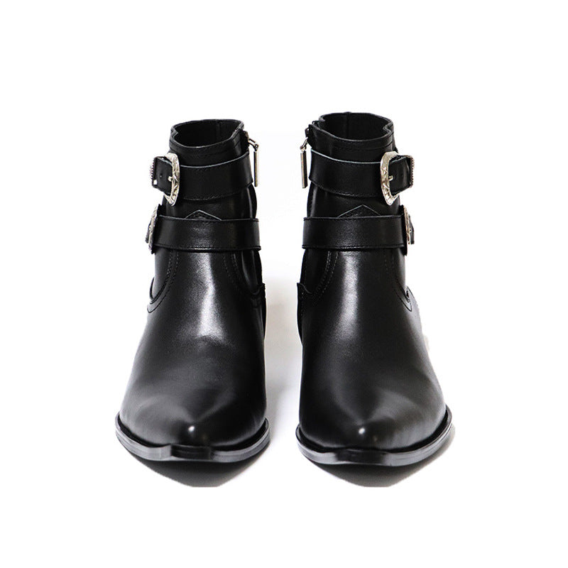 Bottes western noir à bout pointu en cuir vachette deux sangles avec boucles métalliques, vue frontale