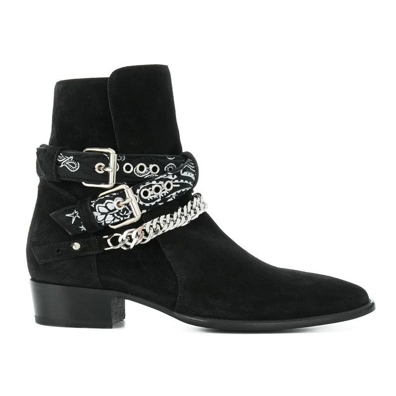  Bottes western noir en cuir nubuck, talon cubain avec deux sangles réglables, vue de coté