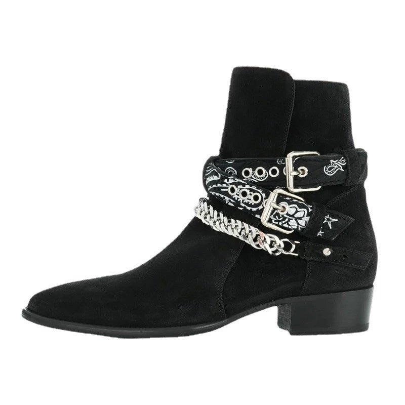 Bottes western noir en cuir nubuck, talon cubain avec deux sangles réglables, vue de coté.