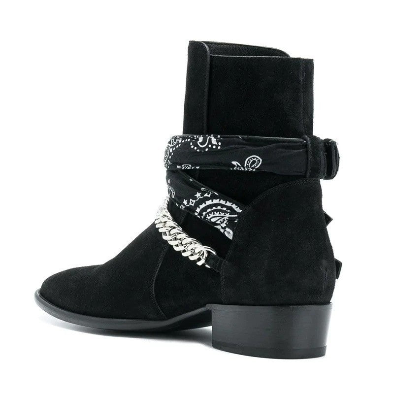  Bottes western noir en cuir nubuck, talon cubain avec deux sangles réglables, vue latéral de l'arrière