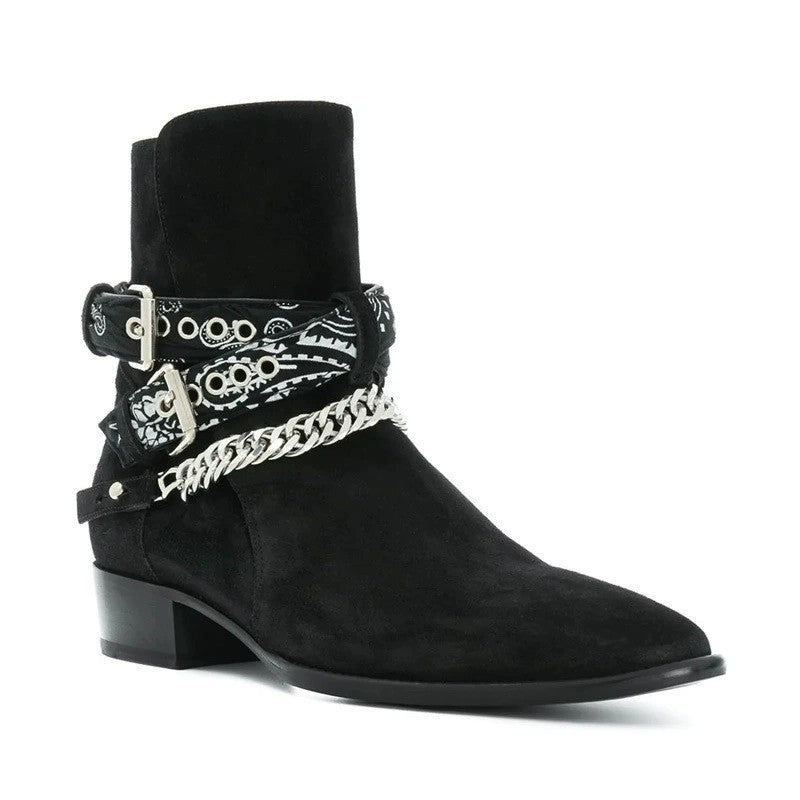  Bottes western noir en cuir nubuck, talon cubain avec deux sangles réglables, vue latéral de l'avant.