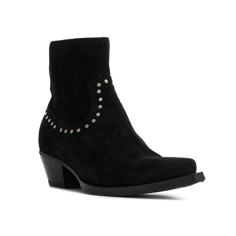 Bottes western noir en daim avec fermeture latéral et talon cubain, vue latéral