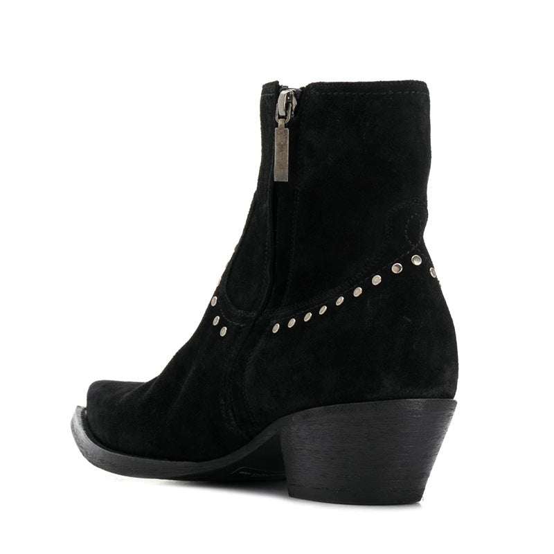 Bottes western noir en daim avec fermeture latéral et talon cubain, vue latéral de l'arrière 