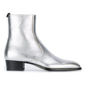 Bottes western zippées argentées en cuir vachette véritable, talon bas et bout amande, vue de coté
