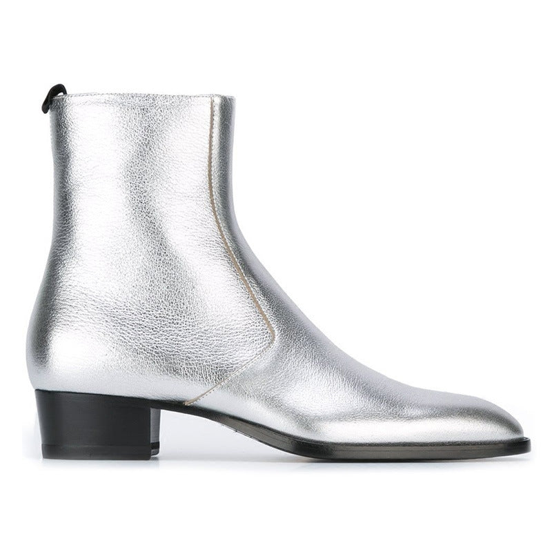 Bottes western zippées argentées en cuir vachette véritable, talon bas et bout amande, vue de coté