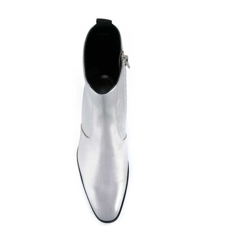 Bottes western zippées argentées en cuir vachette véritable, talon bas et bout amande, vue frontale