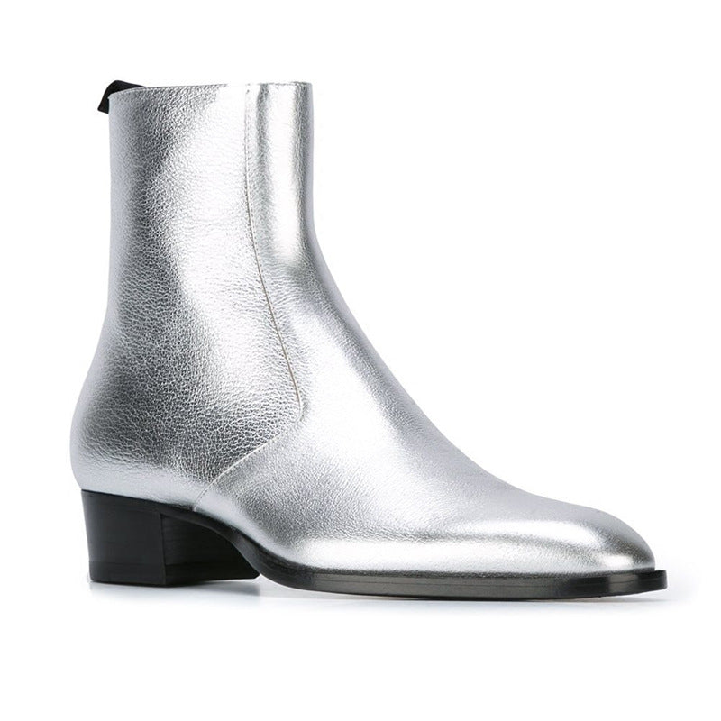 Bottes western zippées argentées en cuir vachette véritable, talon bas et bout amande, vue latéral