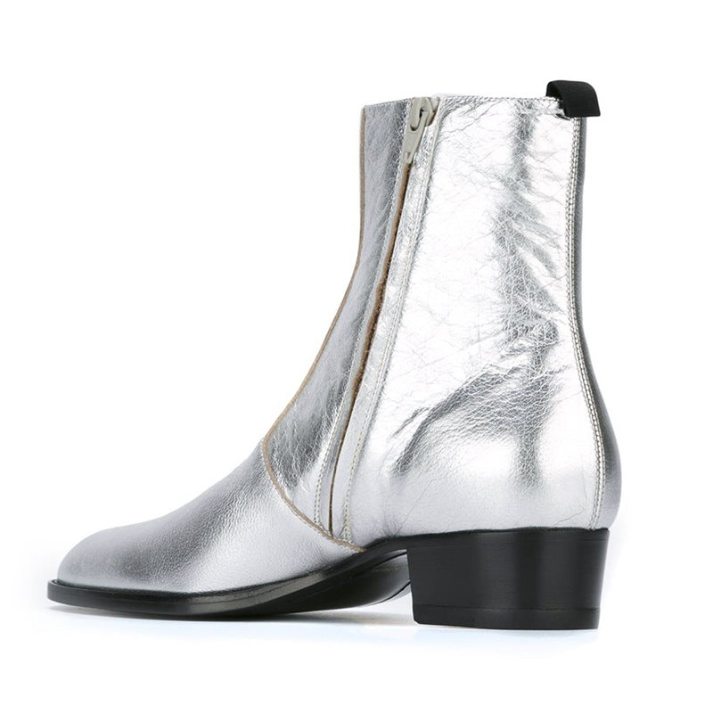 Bottes western zippées argentées en cuir vachette véritable, talon bas et bout amande, vue latéral de l'arrière