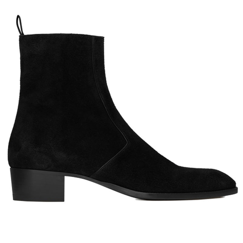  Bottes zippée noir en cuir velours vachette véritable à bout amande et talon bloc, vue de coté