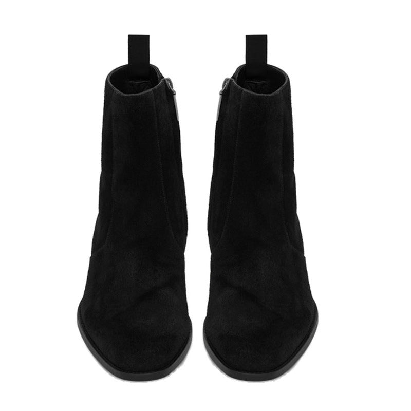  Bottes zippée noir en cuir velours vachette véritable à bout amande et talon bloc, vue frontale